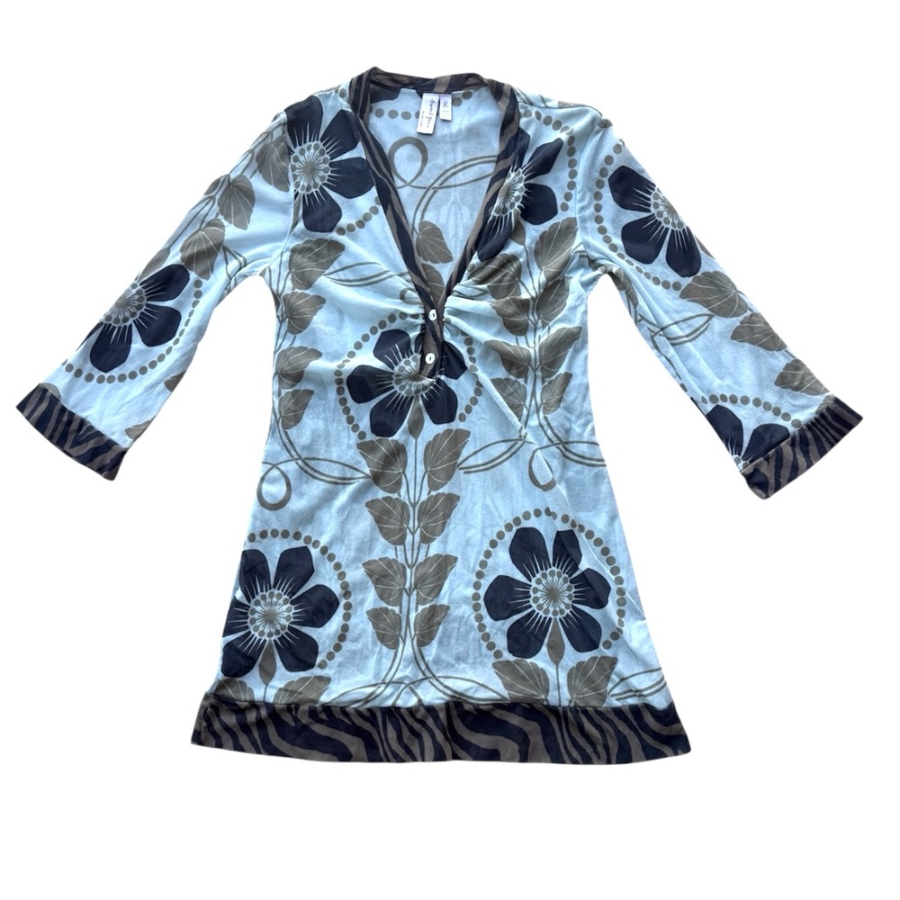 Sweet Pea by Stacy Frati Blue, Sage Green & Black Floral Mesh Blouse - L